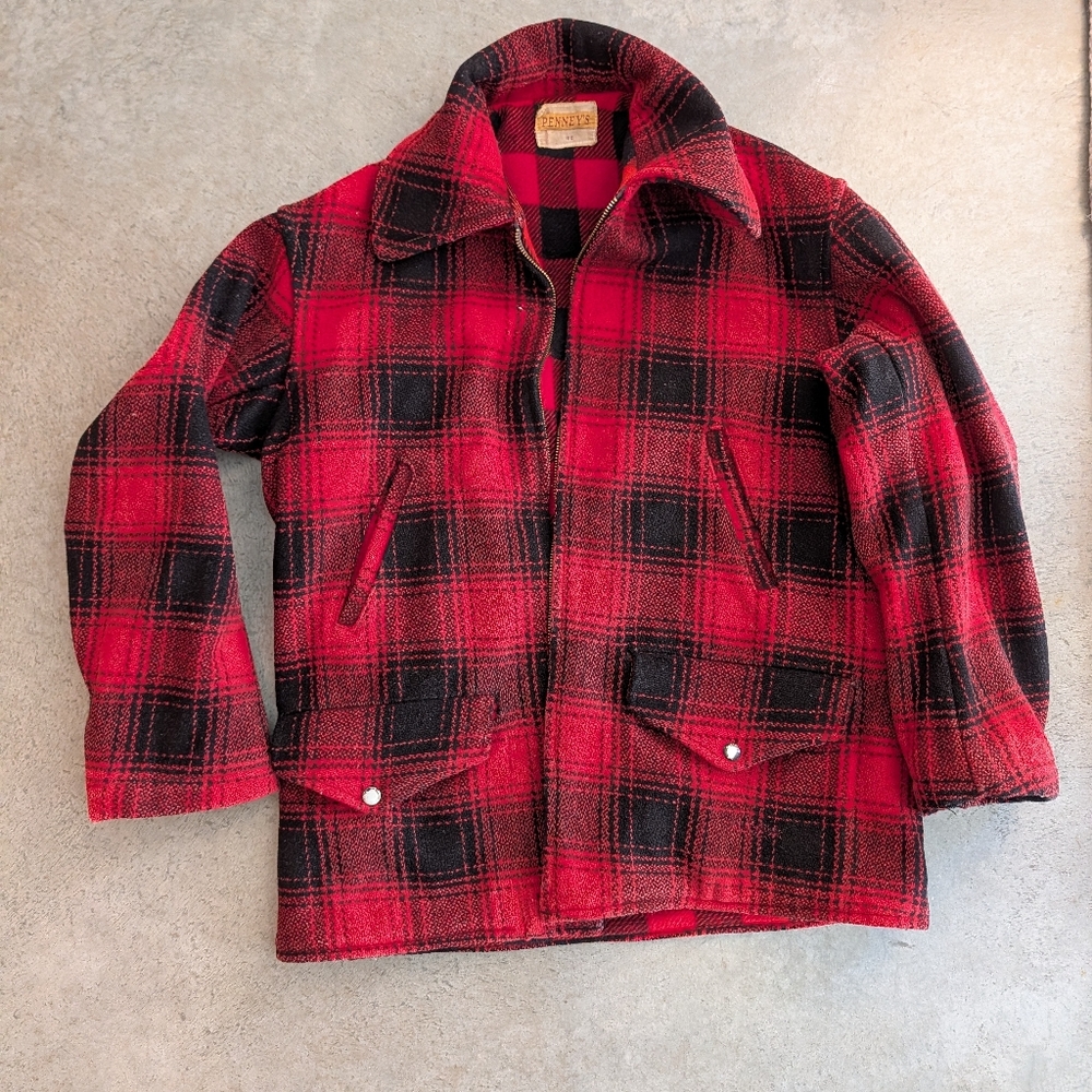 Vintage 60s/70s Wool Field Coat Hunting Red Black Buffalo Check Size 40